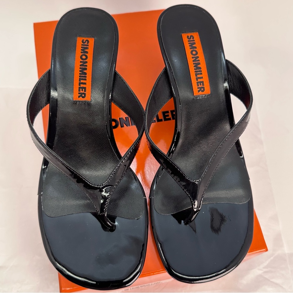 SIMONMILLER Beep Thong Sandal in Black patent leather kitten heel open toe - Picture 7 of 11